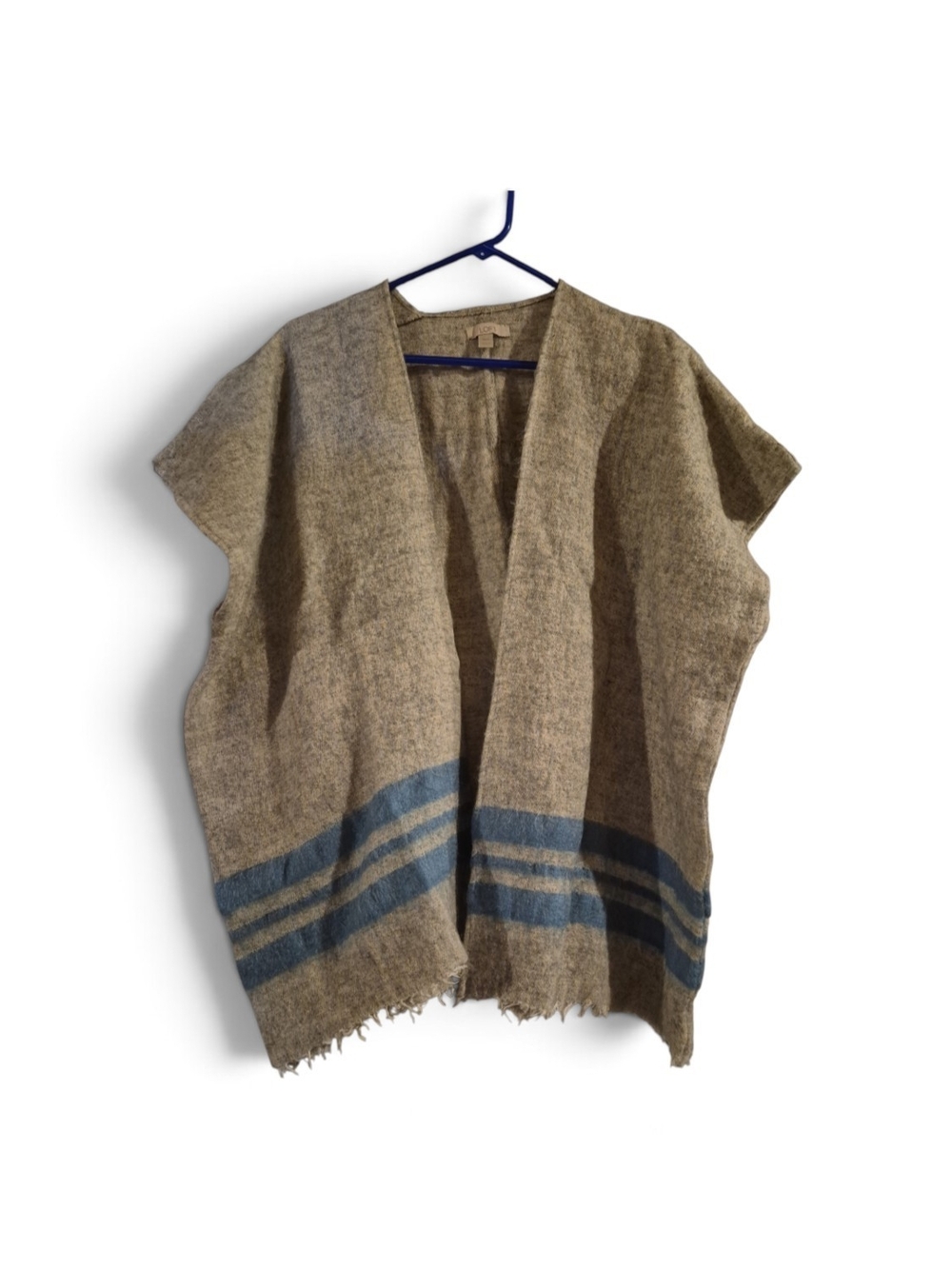 LOFT XS/S Wool Blend Open Front Poncho Jacket in Gray with Blue Stripe
